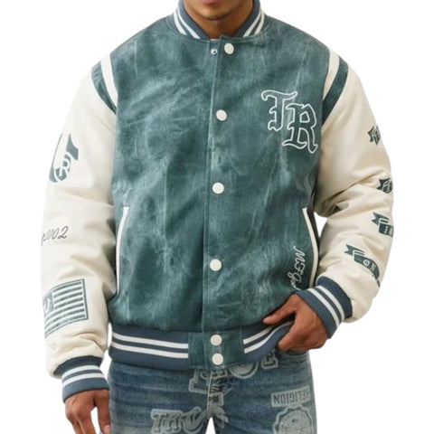 Denim Print Retro Varsity Jacket